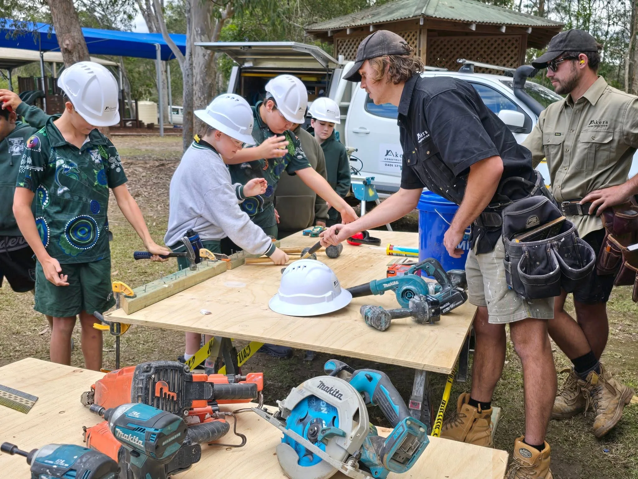 Ryan Akers running a hands-on carpentry workshop with school students on the Coffs Coast