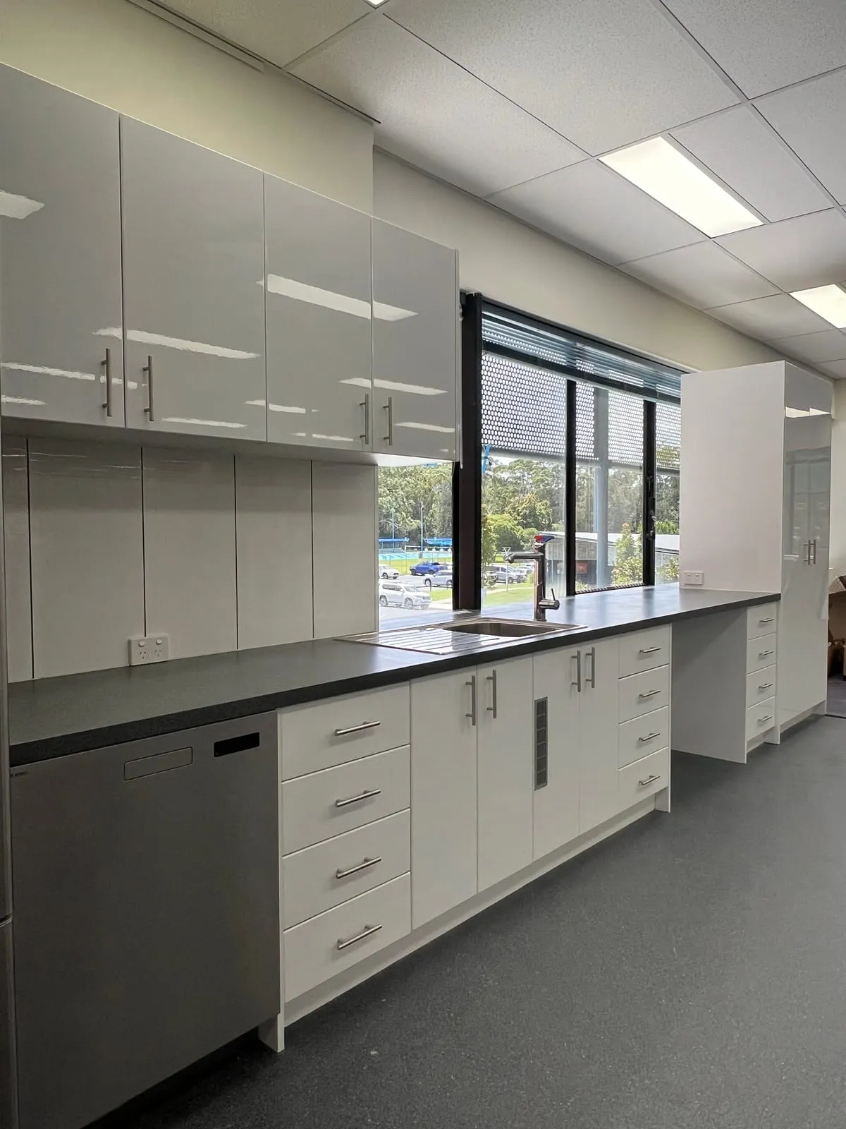 Office kitchenette joinery and benchtop installed at Rigby House, Coffs Harbour